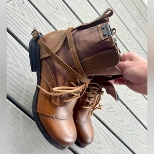 Bunker Sara Moto Boots Womens 9.5 Brown Leather Wrap Strap Combat